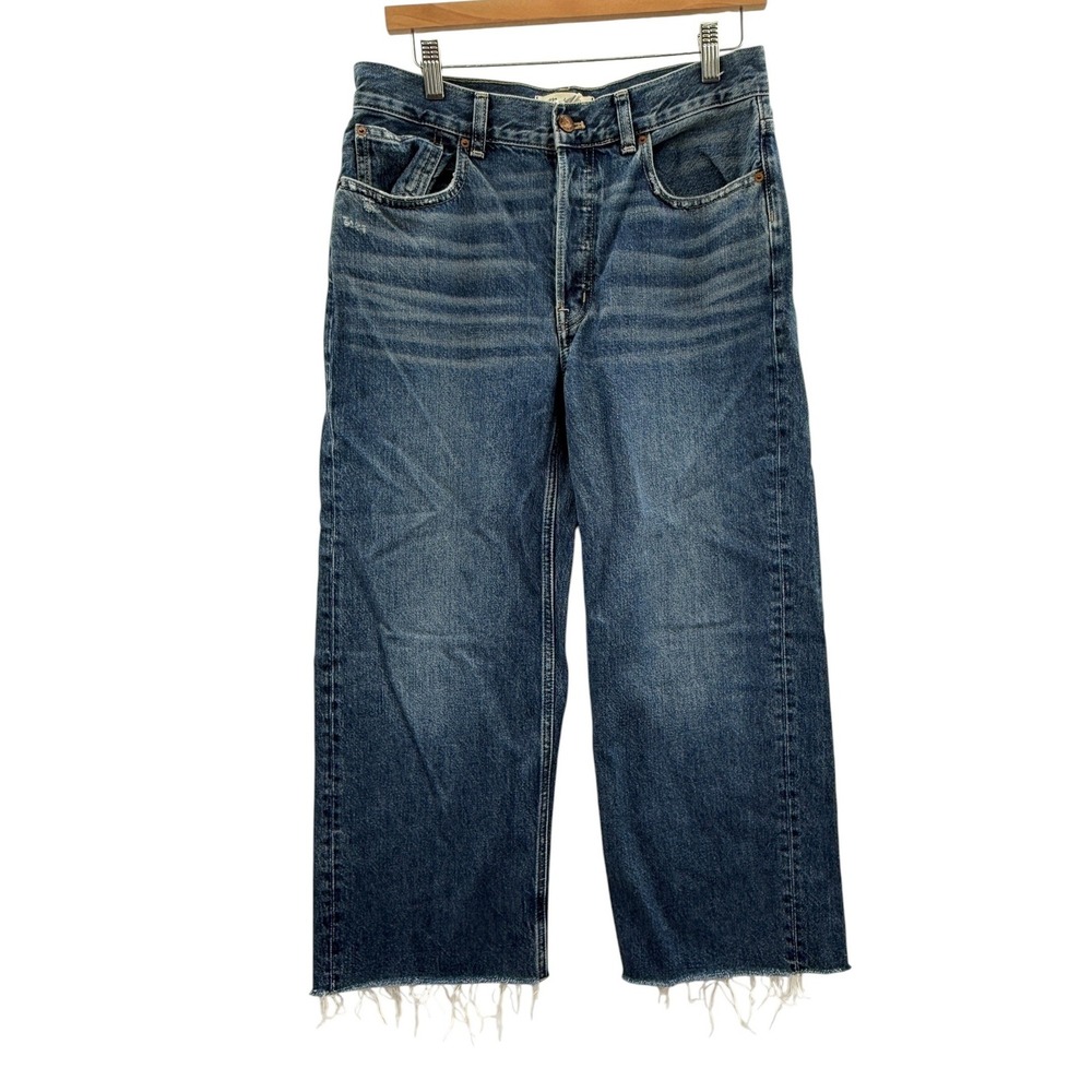 Madewell‎ Low Slung Baggy Crop Jeans 26 Raw Hem Wide Leg Blue Denim High Rise